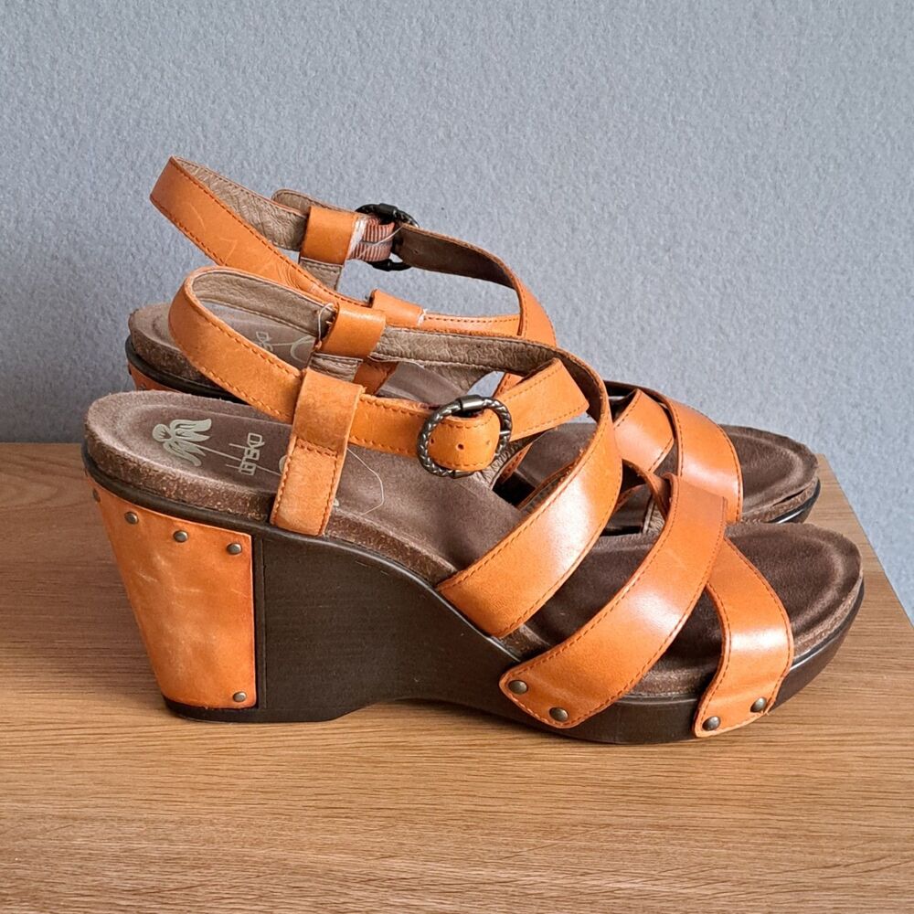 Dansko Orange Leather Strappy Wedge Sandals